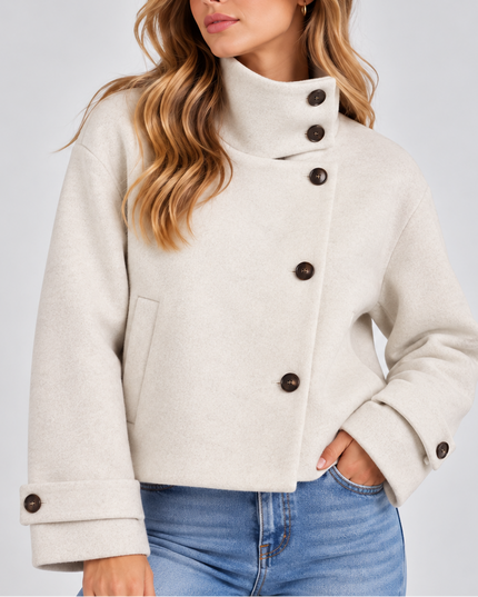 Women's Cropped Jacket with High Neck and Asymmetric Buttons