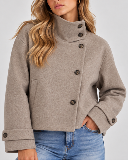 Women's Cropped Jacket with High Neck and Asymmetric Buttons
