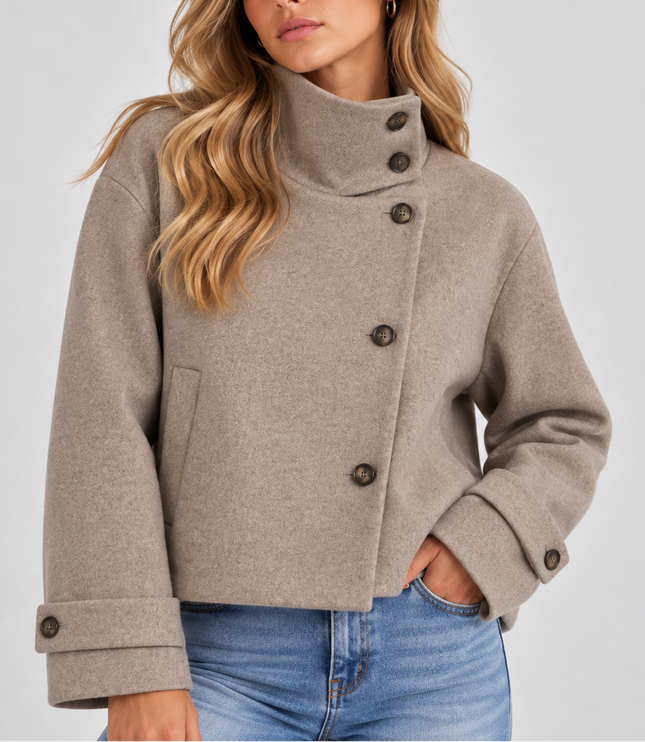 Women's Cropped Jacket with High Neck and Asymmetric Buttons