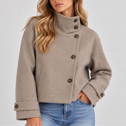 Women's Cropped Jacket with High Neck and Asymmetric Buttons