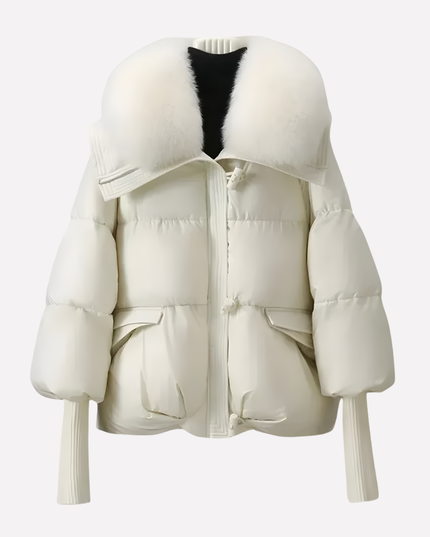 Women's Cropped Ribbed Cuff Faux Fur Collar Puffer Jacket