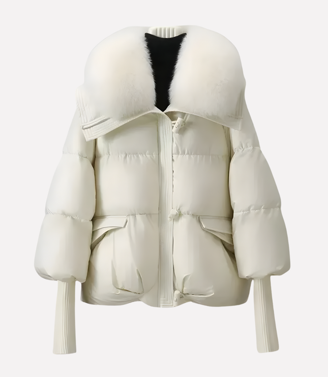Women's Cropped Ribbed Cuff Faux Fur Collar Puffer Jacket