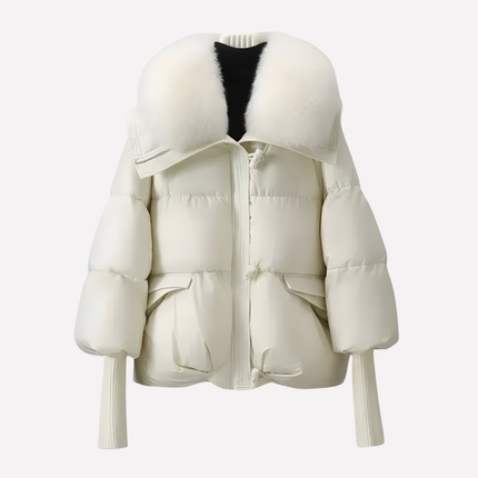 Women's Cropped Ribbed Cuff Faux Fur Collar Puffer Jacket