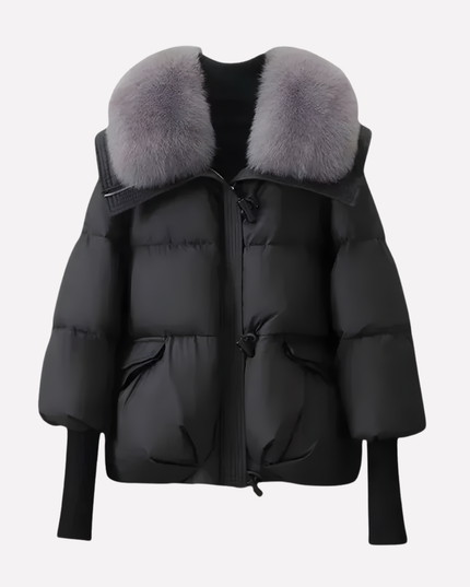 Women's Cropped Ribbed Cuff Faux Fur Collar Puffer Jacket