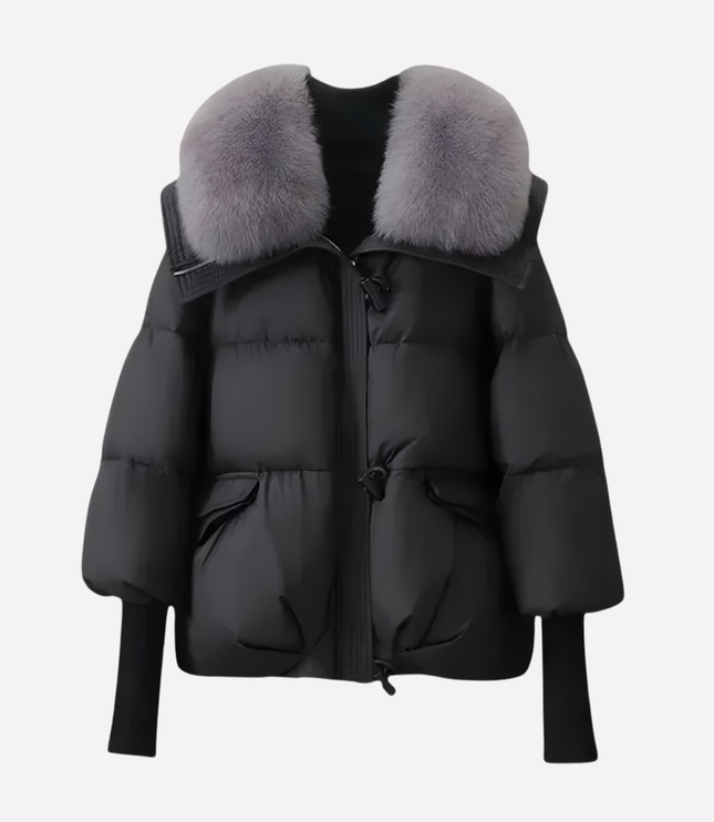 Women's Cropped Ribbed Cuff Faux Fur Collar Puffer Jacket