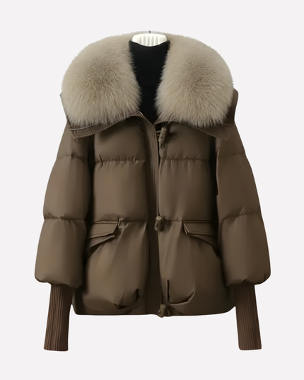 Women's Cropped Ribbed Cuff Faux Fur Collar Puffer Jacket