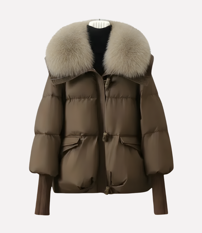 Women's Cropped Ribbed Cuff Faux Fur Collar Puffer Jacket