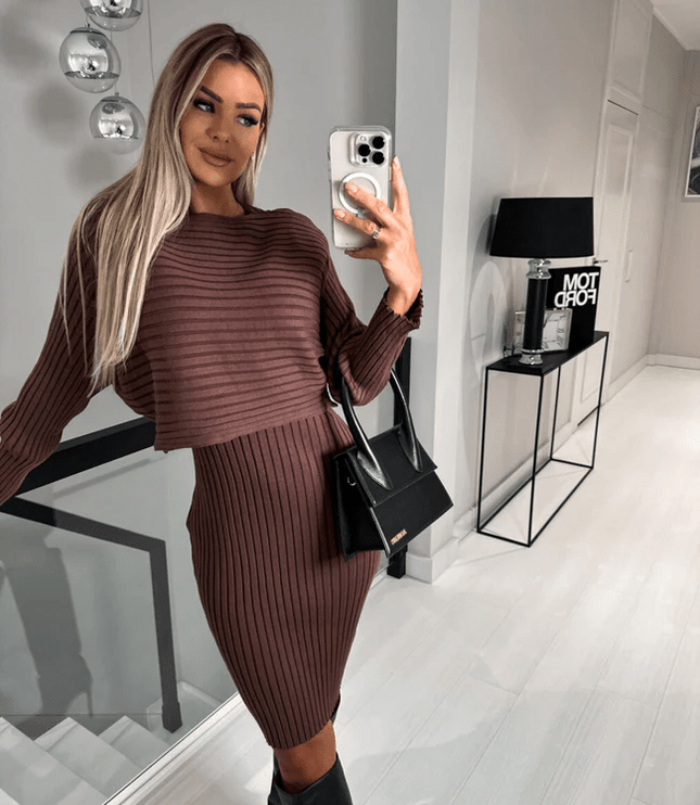 Women's Cropped Ribbed Jumper and Midi Dress Set