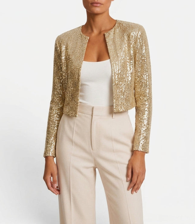 Women's Cropped Sequin Jacket with Open Front