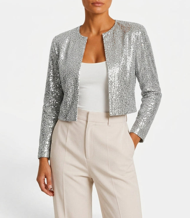 Women's Cropped Sequin Jacket with Open Front