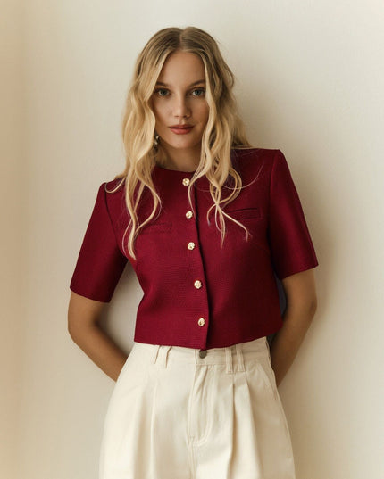 Chic Cropped Blazer with Gold Buttons and Short Sleeves