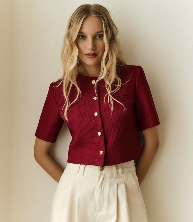 Chic Cropped Blazer with Gold Buttons and Short Sleeves