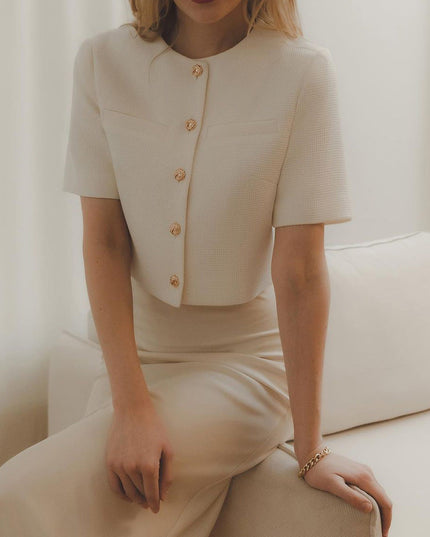 Chic Cropped Blazer with Gold Buttons and Short Sleeves
