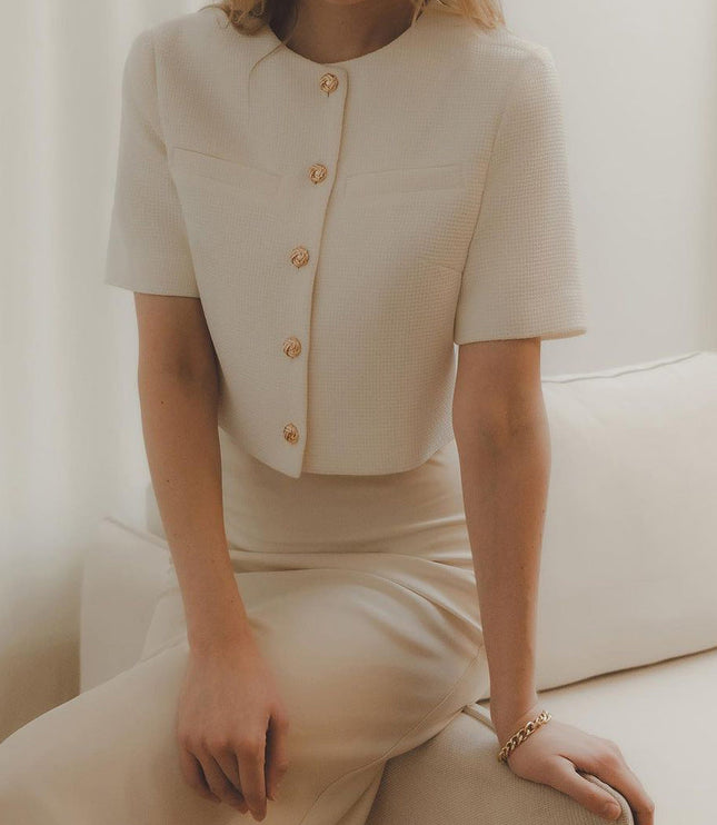 Chic Cropped Blazer with Gold Buttons and Short Sleeves