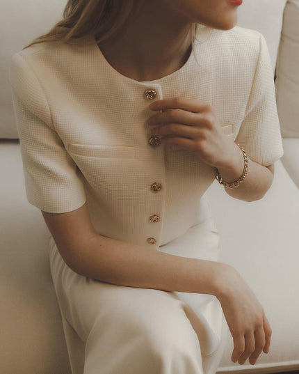 Chic Cropped Blazer with Gold Buttons and Short Sleeves