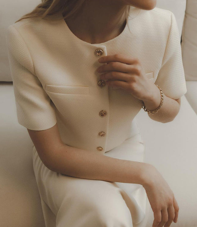 Chic Cropped Blazer with Gold Buttons and Short Sleeves