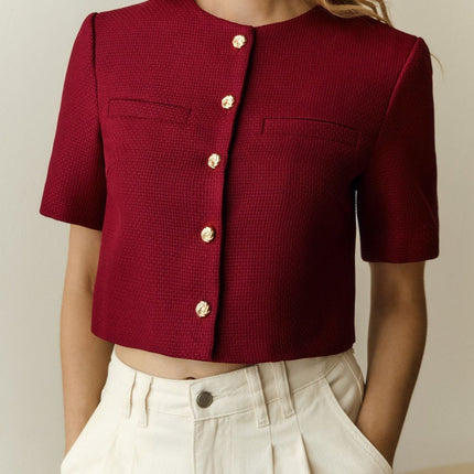 Chic Cropped Blazer with Gold Buttons and Short Sleeves