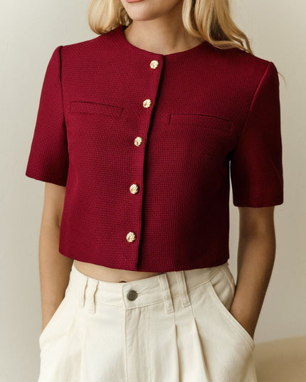 Chic Cropped Blazer with Gold Buttons and Short Sleeves
