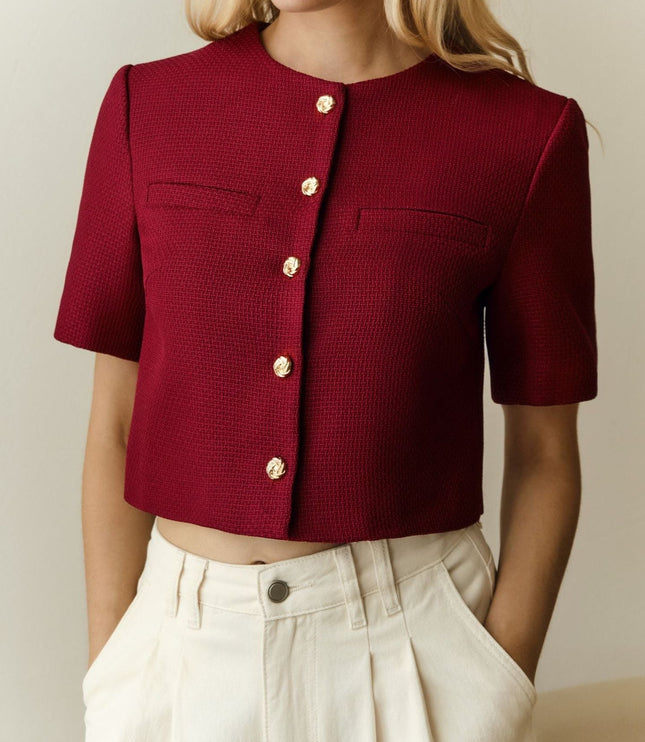 Chic Cropped Blazer with Gold Buttons and Short Sleeves