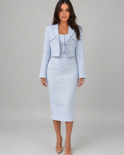 Women's Cropped Tweed Jacket and Midi Dress Set