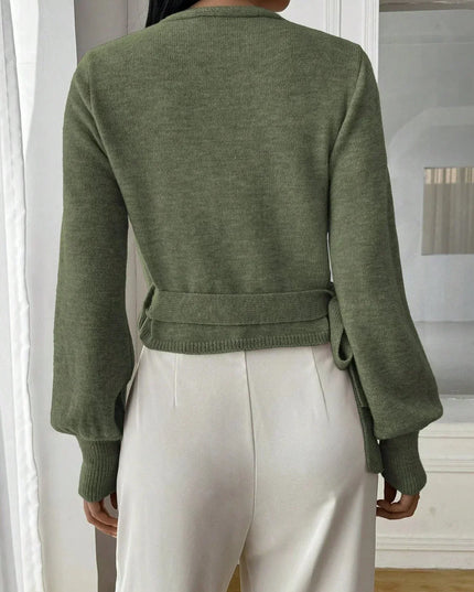 Cropped Wrap Knit Sweater with Tie Waist and V-Neckline