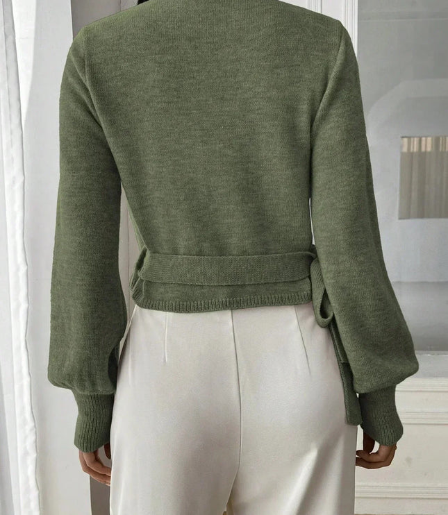 Cropped Wrap Knit Sweater with Tie Waist and V-Neckline