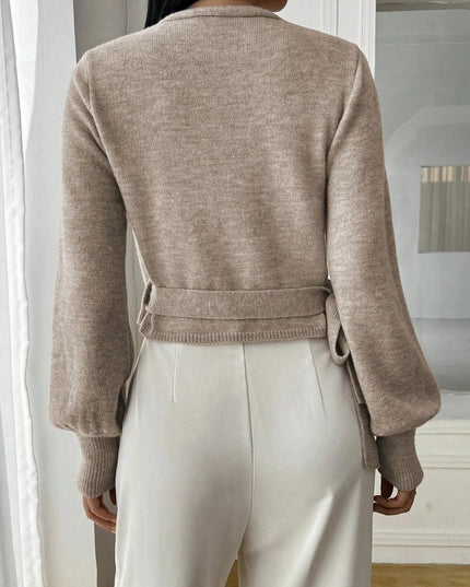 Cropped Wrap Knit Sweater with Tie Waist and V-Neckline