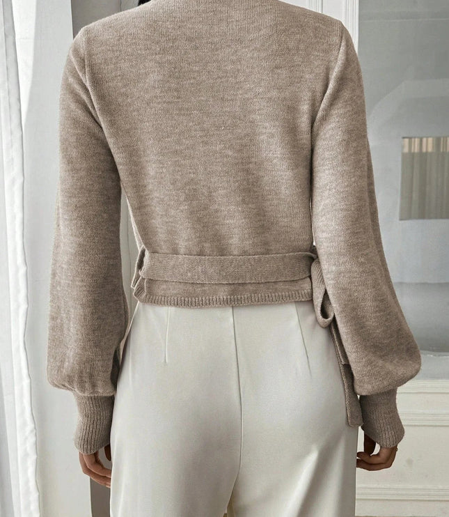 Cropped Wrap Knit Sweater with Tie Waist and V-Neckline