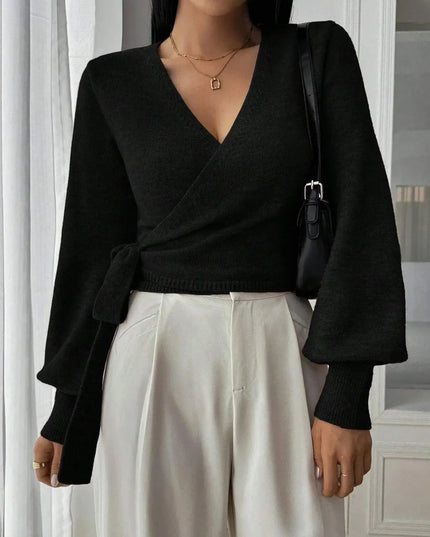 Cropped Wrap Knit Sweater with Tie Waist and V-Neckline