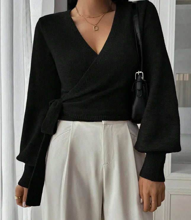 Cropped Wrap Knit Sweater with Tie Waist and V-Neckline