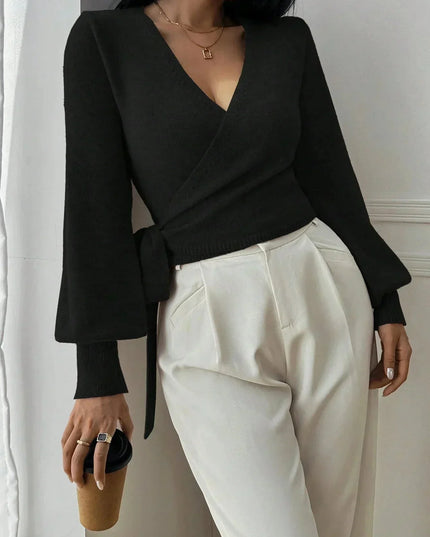 Cropped Wrap Knit Sweater with Tie Waist and V-Neckline