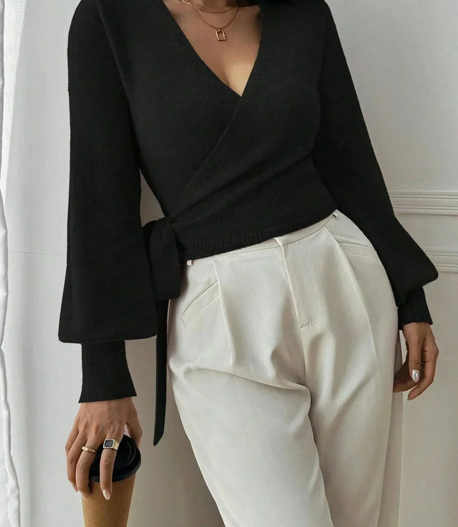 Cropped Wrap Knit Sweater with Tie Waist and V-Neckline