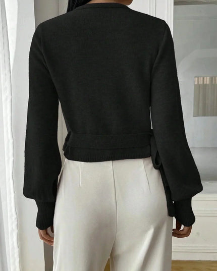 Cropped Wrap Knit Sweater with Tie Waist and V-Neckline