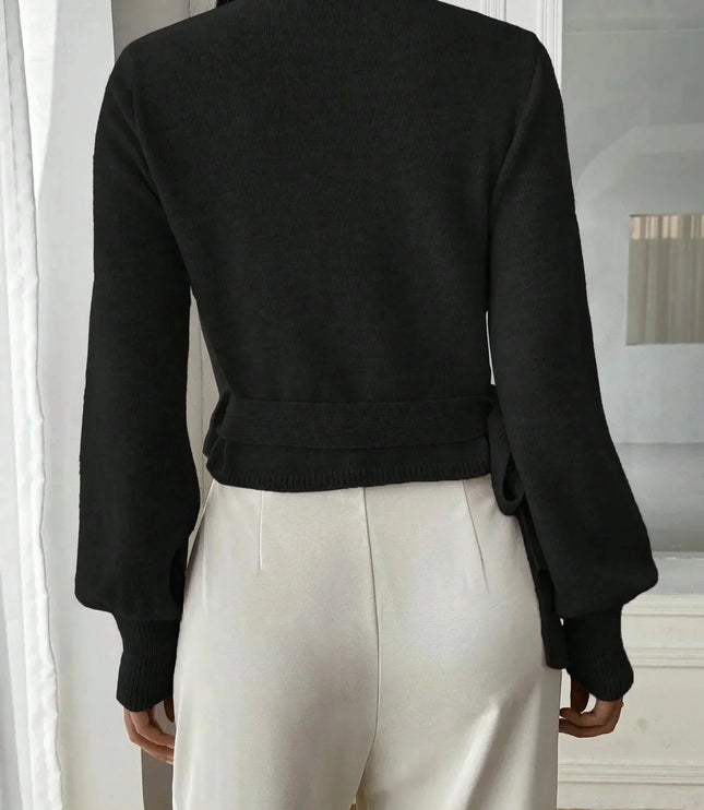 Cropped Wrap Knit Sweater with Tie Waist and V-Neckline