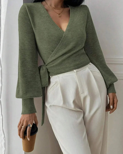 Cropped Wrap Knit Sweater with Tie Waist and V-Neckline
