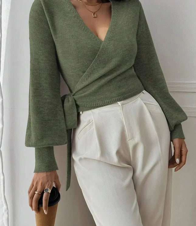 Cropped Wrap Knit Sweater with Tie Waist and V-Neckline