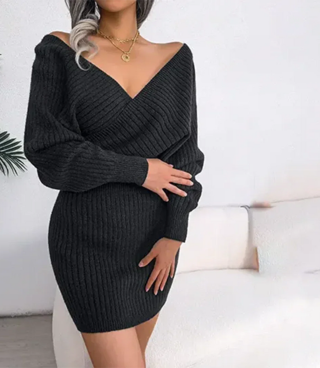 Women's Cross-Front Knitted Rib Mini Jumper Dress