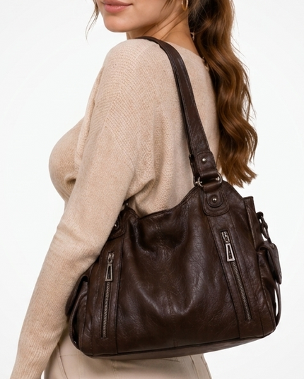 Women's Crossbody Shoulder Bag with Zip and Flap Pockets