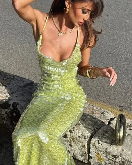 Women's Crossed Strap Column Sequin Dress
