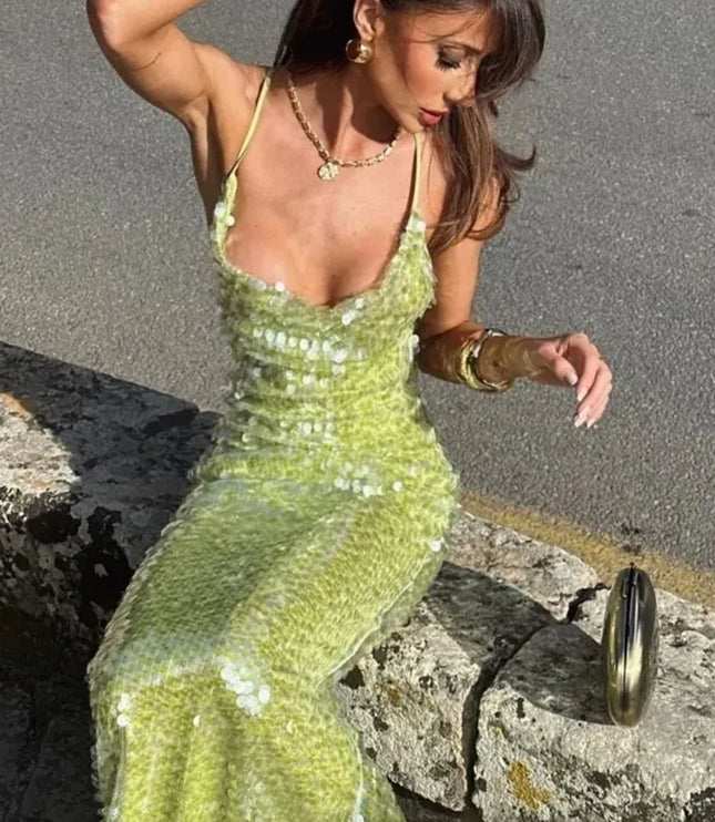 Women's Crossed Strap Column Sequin Dress