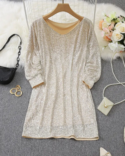 Women's Cuffed Sleeve Off-Shoulder Sequin Dress