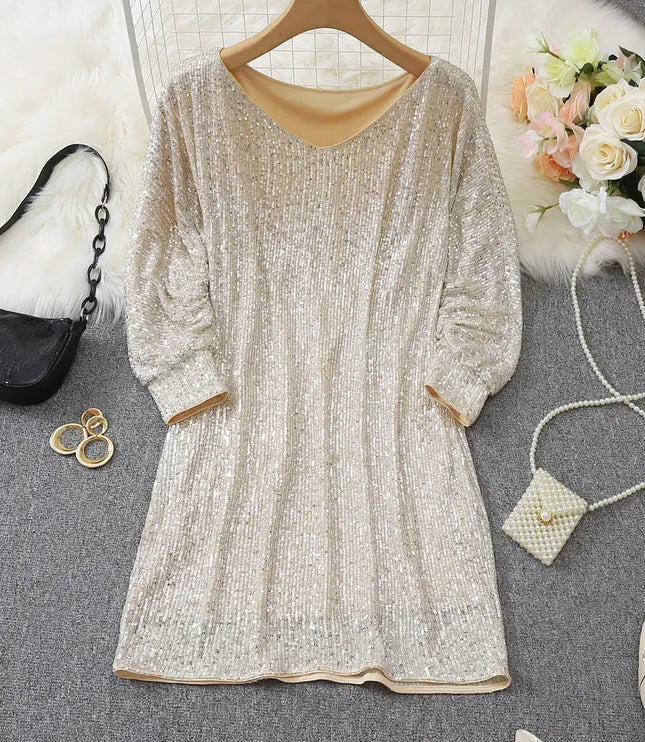 Women's Cuffed Sleeve Off-Shoulder Sequin Dress
