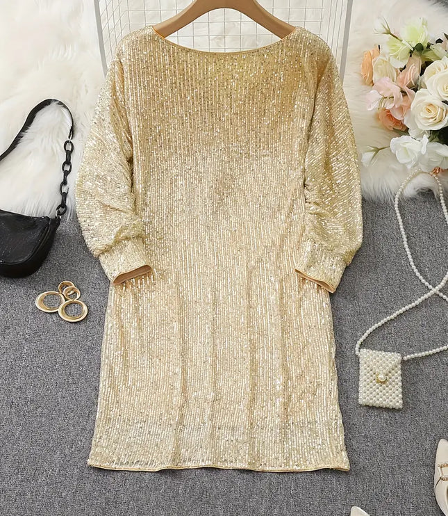 Women's Cuffed Sleeve Off-Shoulder Sequin Dress