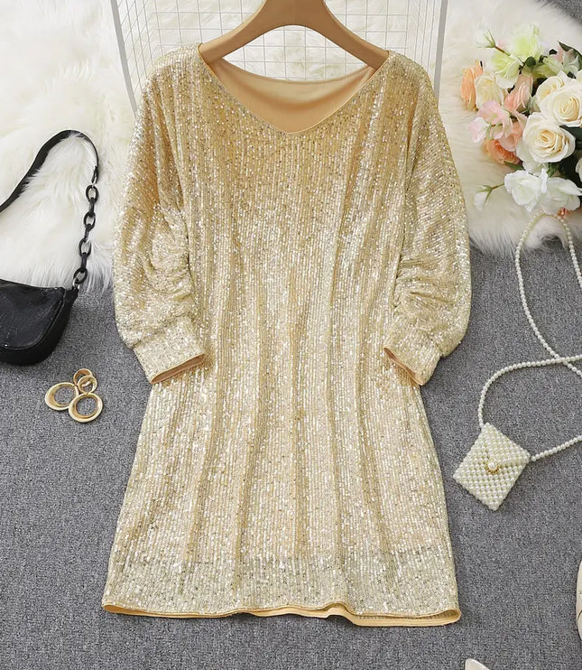 Women's Cuffed Sleeve Off-Shoulder Sequin Dress
