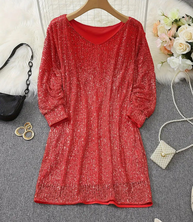 Women's Cuffed Sleeve Off-Shoulder Sequin Dress