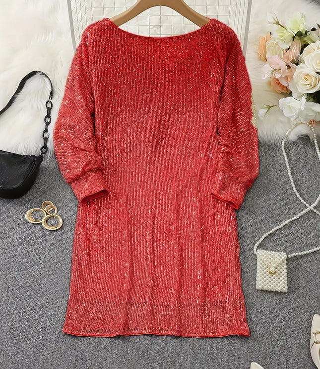 Women's Cuffed Sleeve Off-Shoulder Sequin Dress