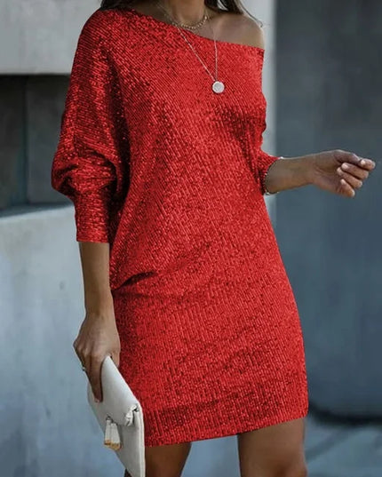 Women's Cuffed Sleeve Off-Shoulder Sequin Dress