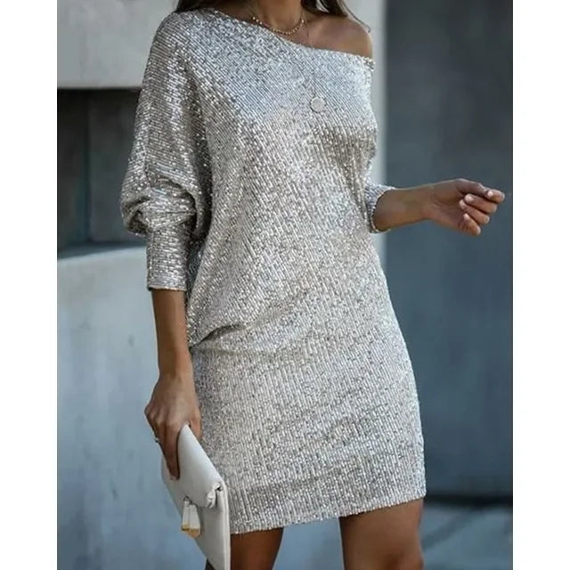 Women's Cuffed Sleeve Off-Shoulder Sequin Dress