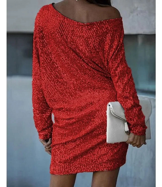 Women's Cuffed Sleeve Off-Shoulder Sequin Dress
