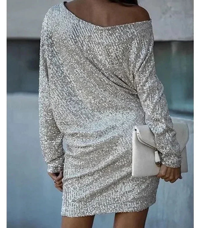Women's Cuffed Sleeve Off-Shoulder Sequin Dress